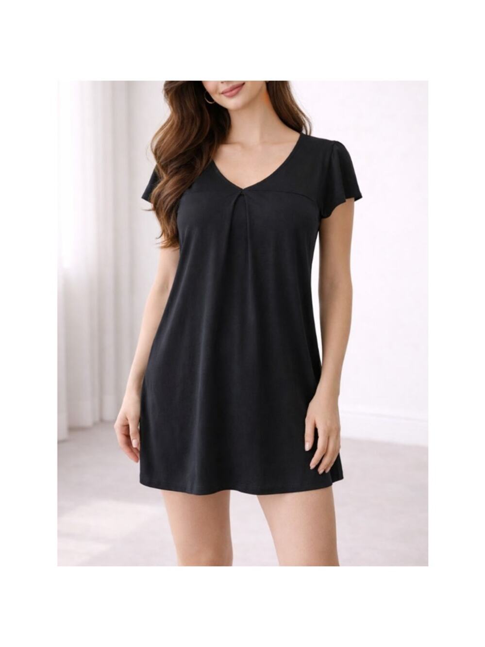 New SPLENDID Anthropologie Women's Black V-Neck Short Sleeve Mini Dress Size M